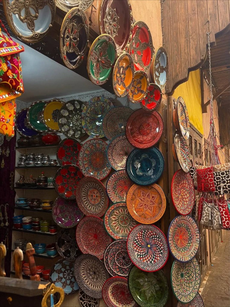 Colorful pottery plates display