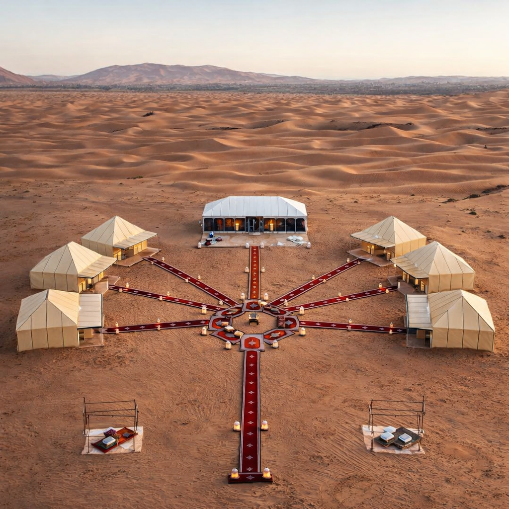 Luxury desert bivouac camp with white tents arranged in star pattern on golden Sahara dunes